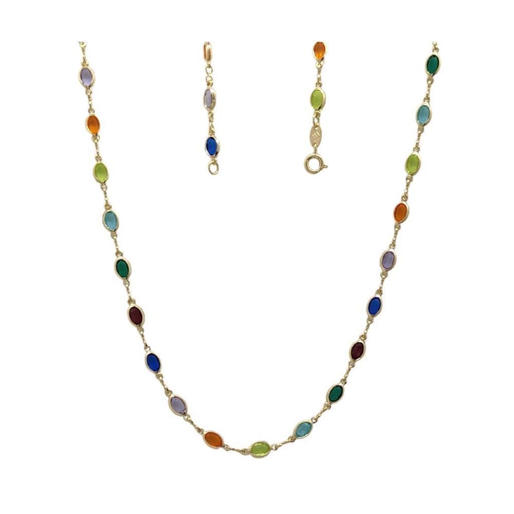 Gargantilha folheada a ouro pedras coloridas oval 45cm