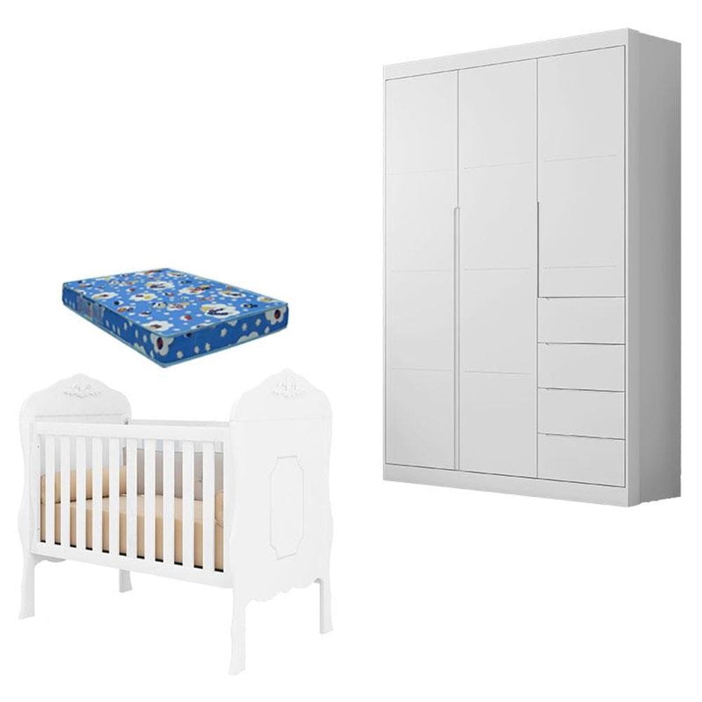 Berço Americano Realeza e Guarda Roupa Infantil Eloá Branco Acetinado com Colchão Ortobom - Phoenix Baby