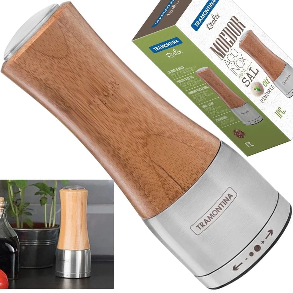 Moedor Triturador Sal Grosso Pimenta Inox Moinho Tramontina 61652000 em Bambú e Aço Inox com Moinho em Cerâmica