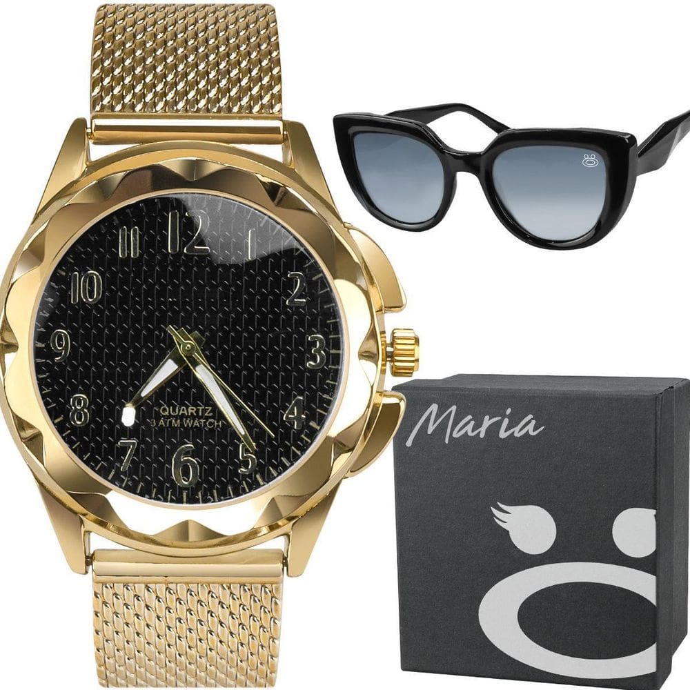 Caixa + Relogio Feminino Dourado + Oculos Proteção Uv Sol
