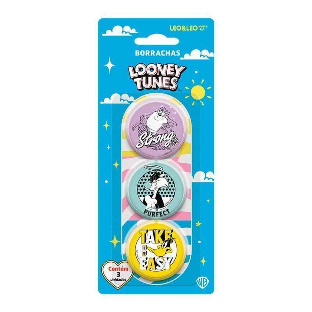 Borracha escolar looney tunes  - kit 3 unidades