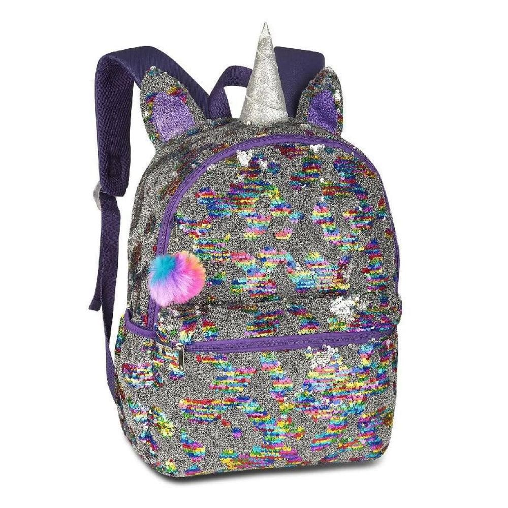 Mochila escolar de costas unicórnio paetê
