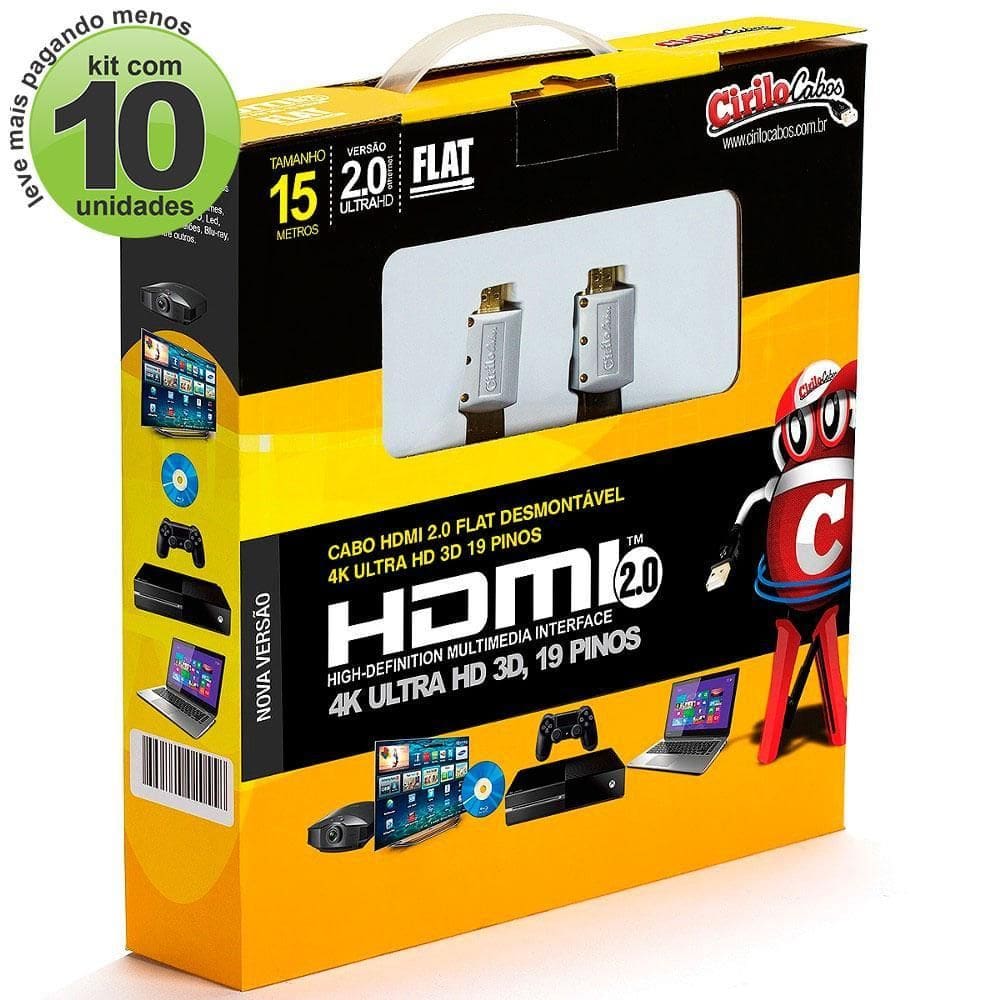 Cabos hdmi 2.0 flat desmontável - 15 mts kit com 10