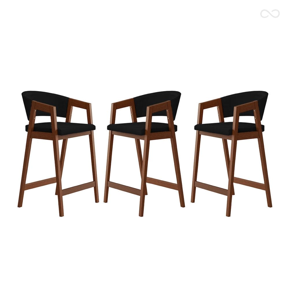 Kit 3 Banquetas Alta para Bancada de Cozinha Ravena Madeira Maciça Pinhão Suede Preto CCS