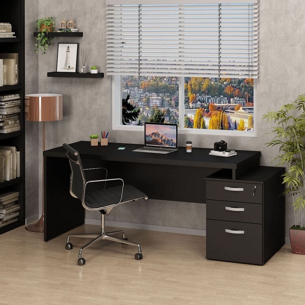 Mesa de Escritório Pedestal 3 Gavetas 190x70cm Preto