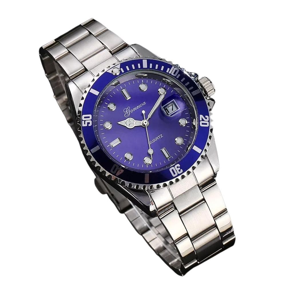 Relógio masculino prata luxo azul com caixa