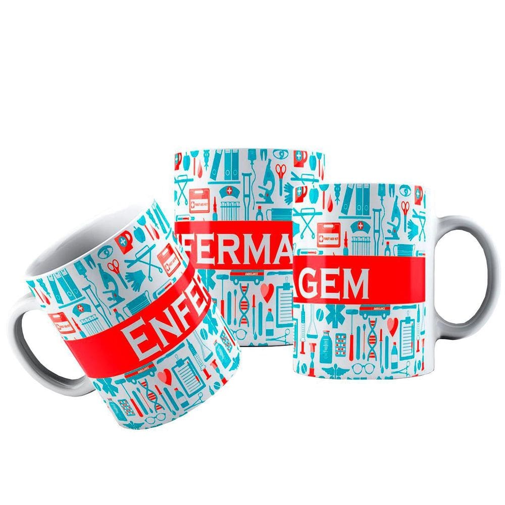 Caneca cerâmica escrito enfermagem símbolos