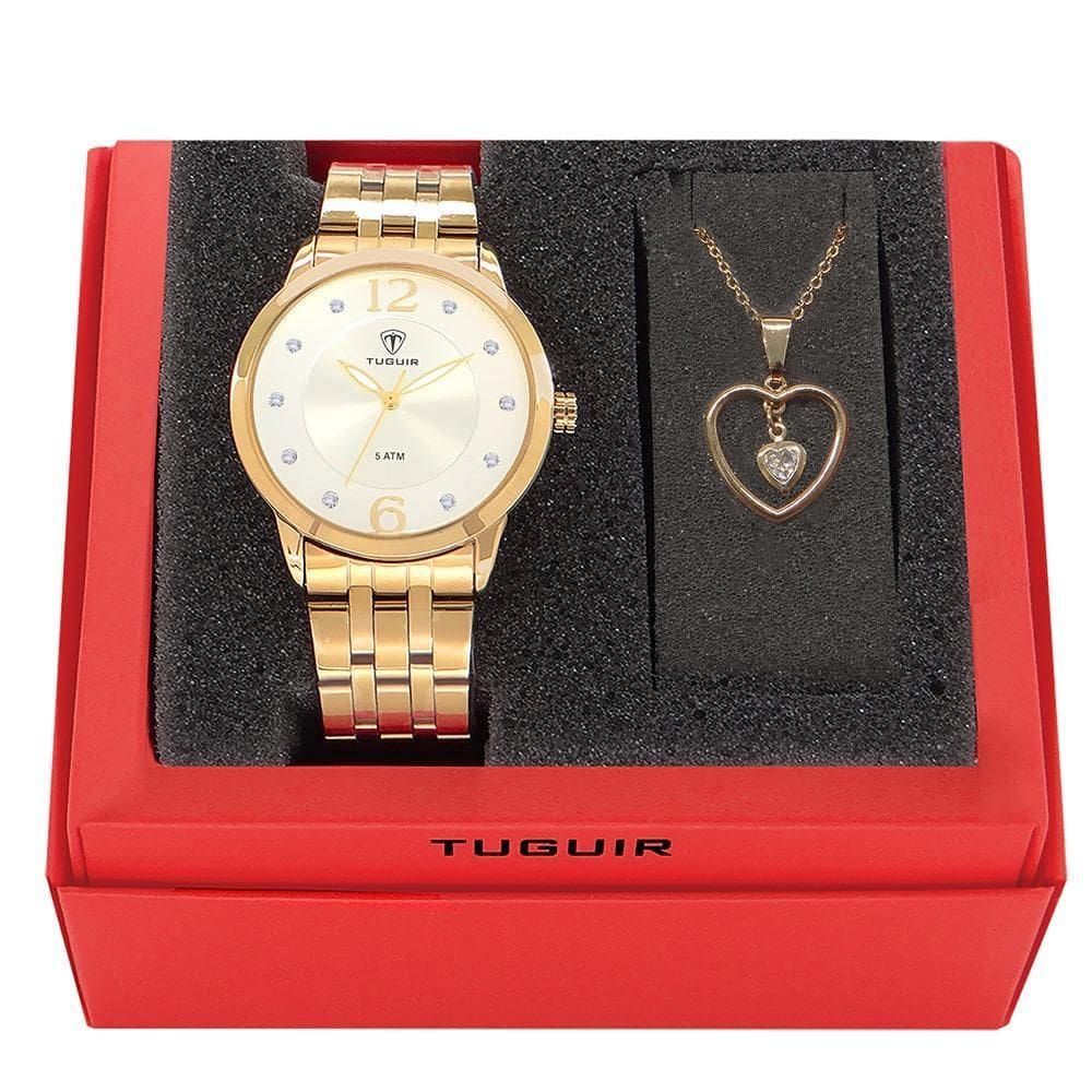 Kit relógio feminino tuguir analógico w2122 dourado e prata