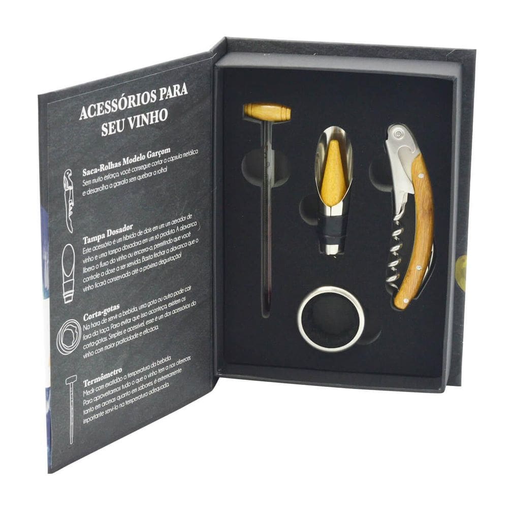 Kit acessórios para vinho 4 peças detalhes em madeira
