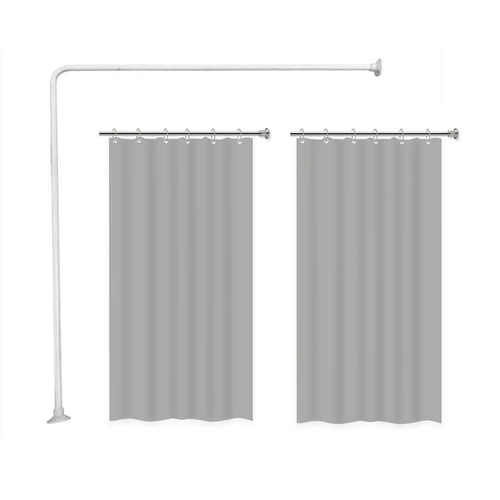 Kit Varao em L Suporte haste Banheiro Box BRANCO 100X100cm + 2 Cortina Box LISA - CINZA