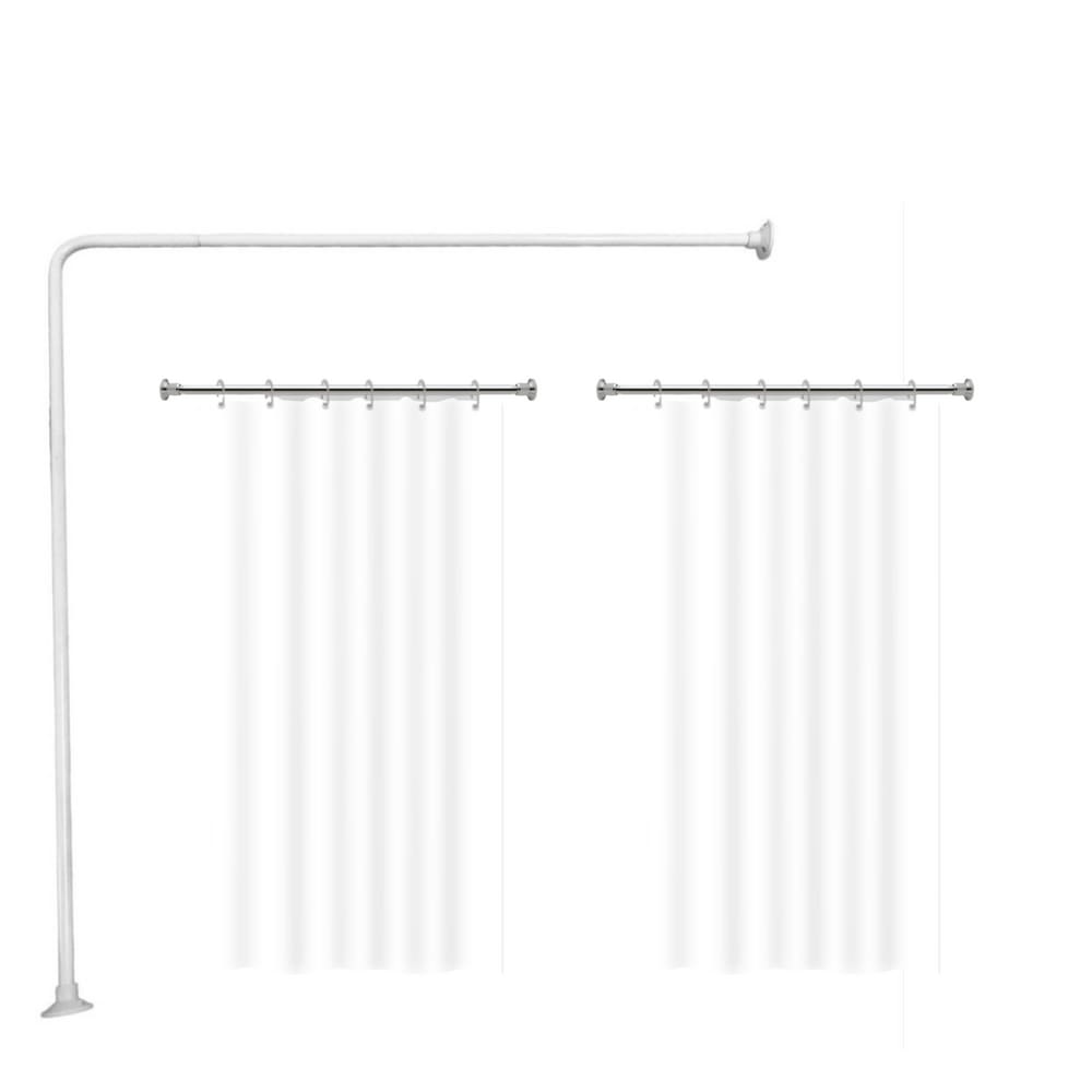 Kit Varao em L Suporte haste Banheiro Box BRANCO 100X100cm + 2 Cortina Box LISA - BRANCA