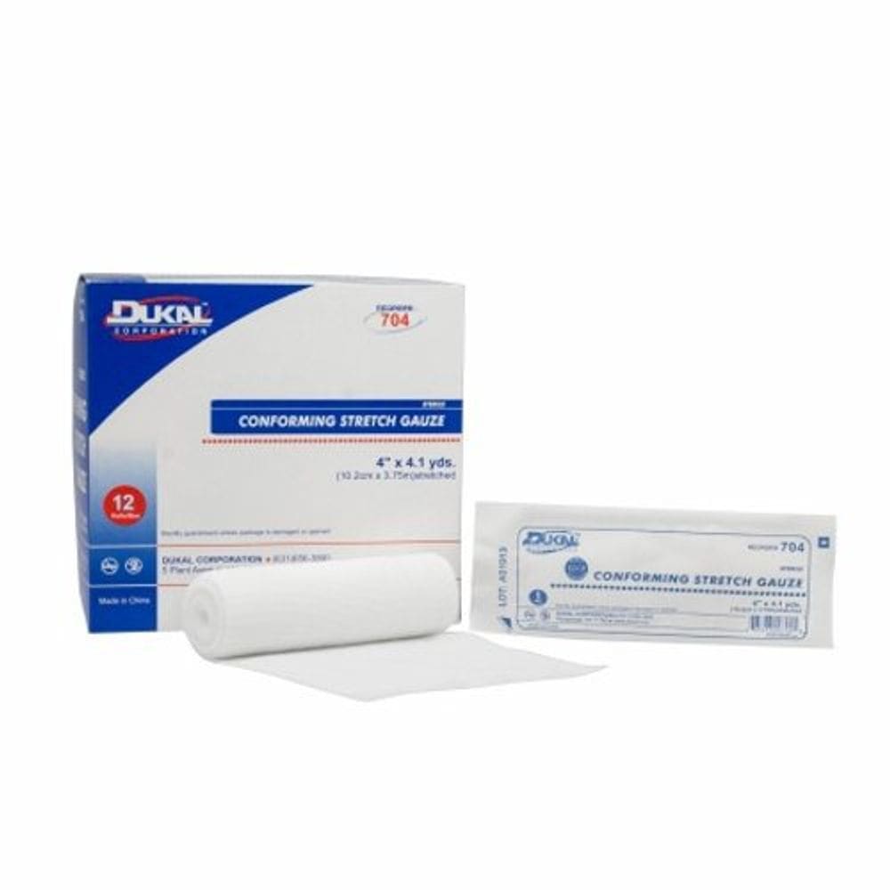 Bandagem conformante Dukal Poliéster/Rayon 1 camada 4 polegadas X 4-1/10 jardas em forma de rolo estéreis 12 sacos da Dukal (pacote com 6)