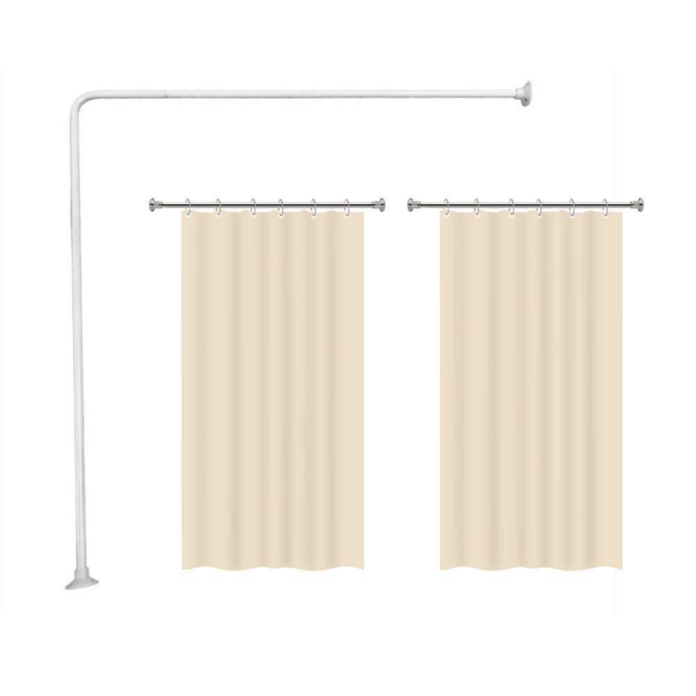 Kit Varao em L Suporte haste Banheiro Box BRANCO 100X100cm + 2 Cortina Box LISA - BEGE