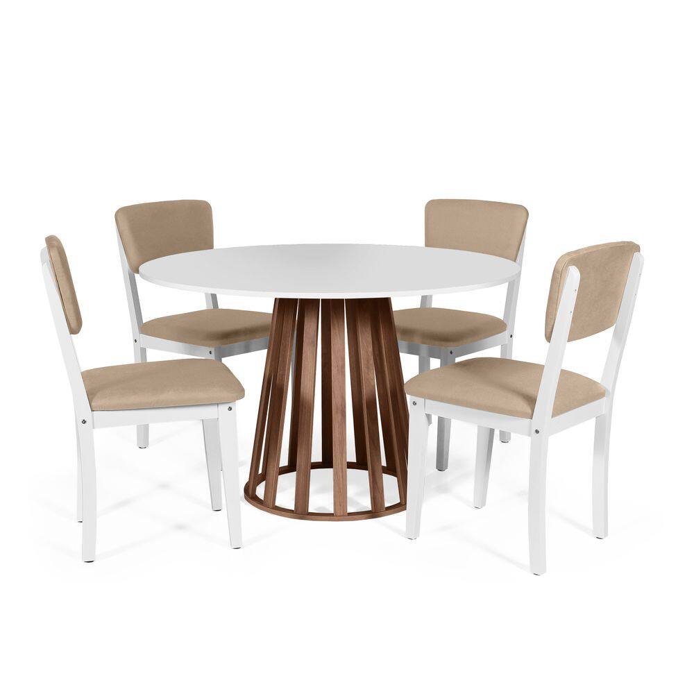 Mesa de Jantar Redonda Gabi Bran/Nor com 4 Cadeiras Estofadas Ella Branco/Bege