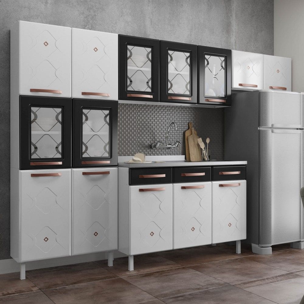 Cozinha Completa em Aço Mirage New 14 Portas 2 Gavetas Branco/Preto - Telasul