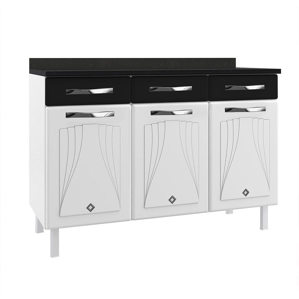 Balcão de Cozinha Aço com Tampo Star New 3 Portas 3 Gavetas Branco/Preto - Telasul