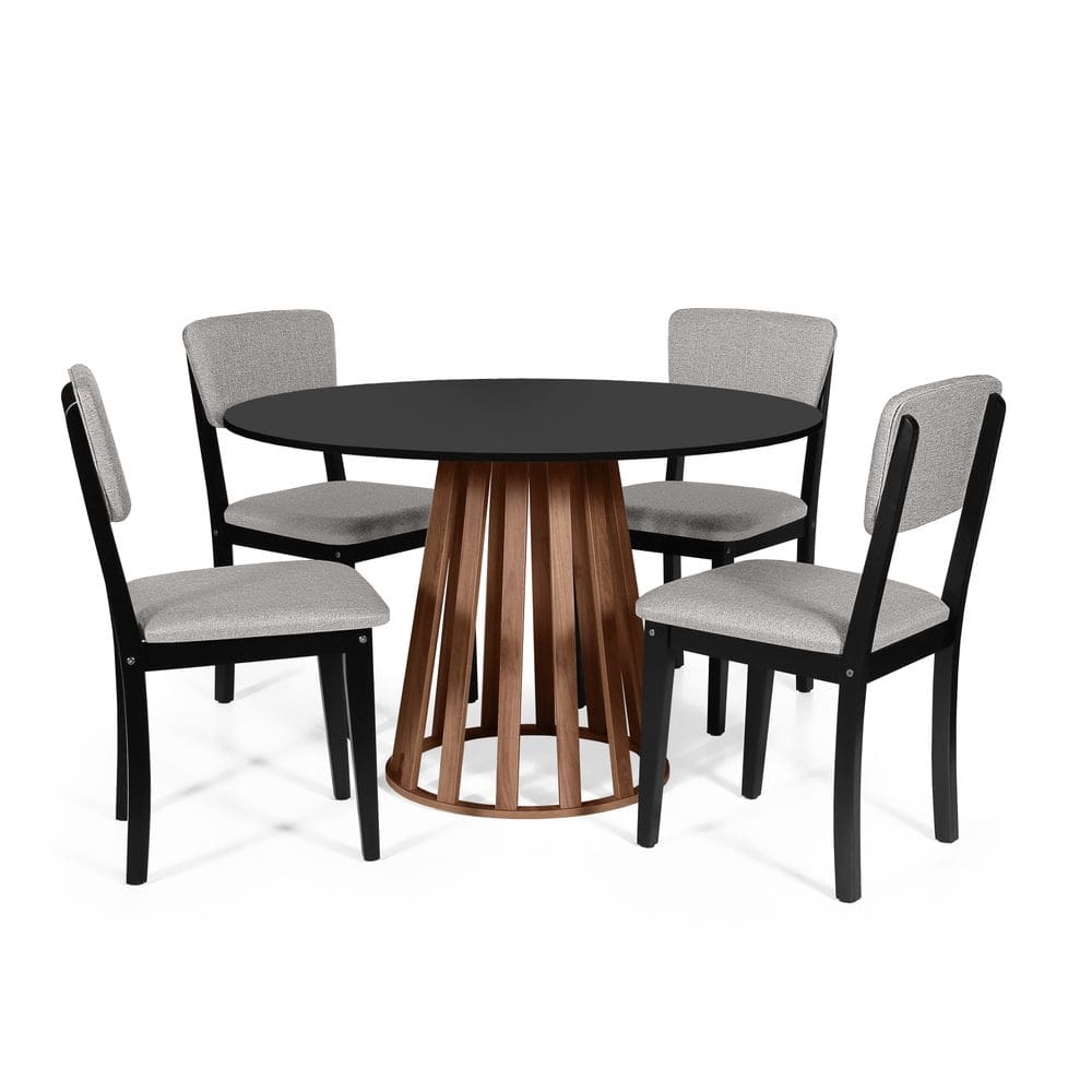 Mesa de Jantar Redonda Gabi Pret/Nor com 4 Cadeiras Estofadas Ella Preto/Cinza Claro