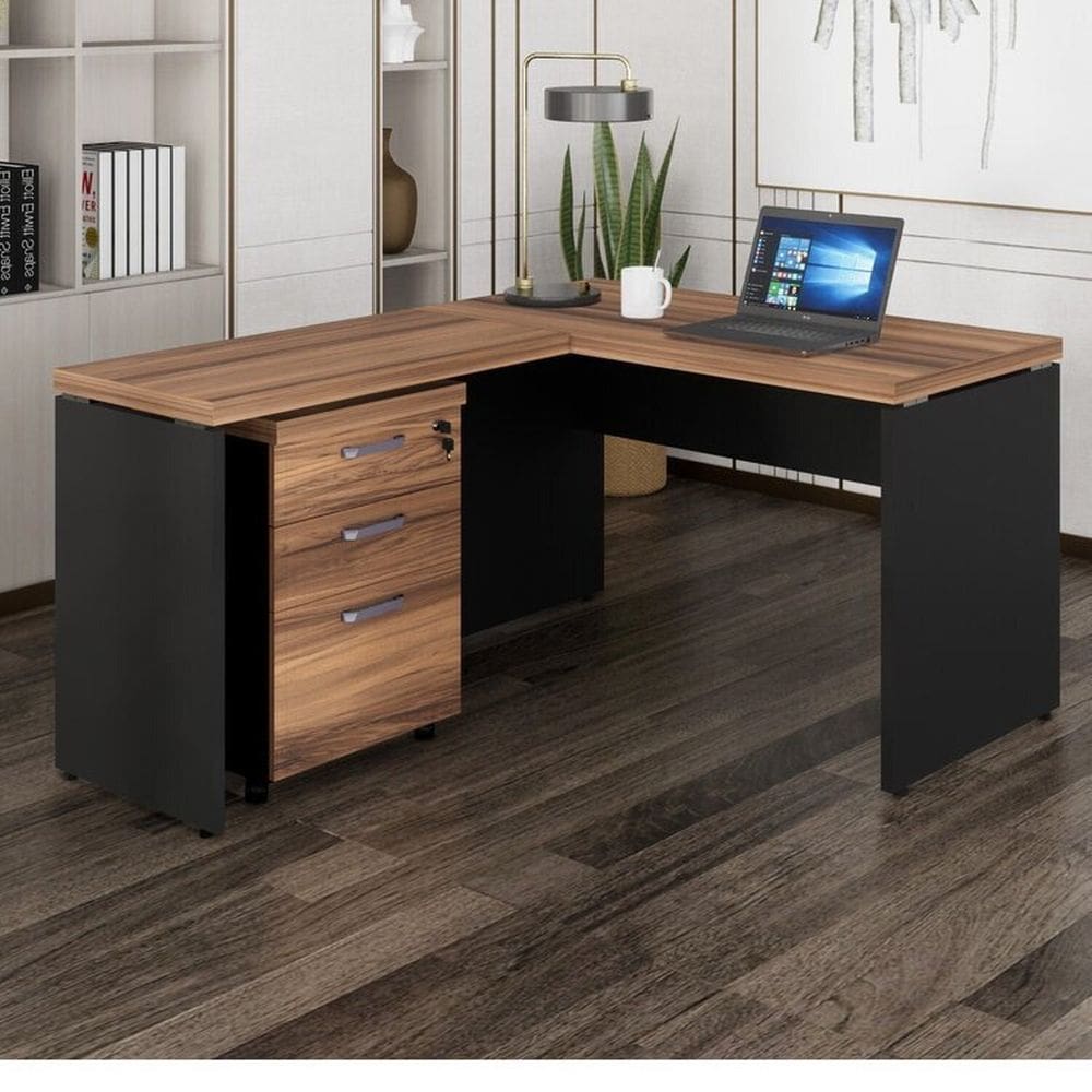 Mesa de Escritório em L + Gaveteiro Marrom/Preto
