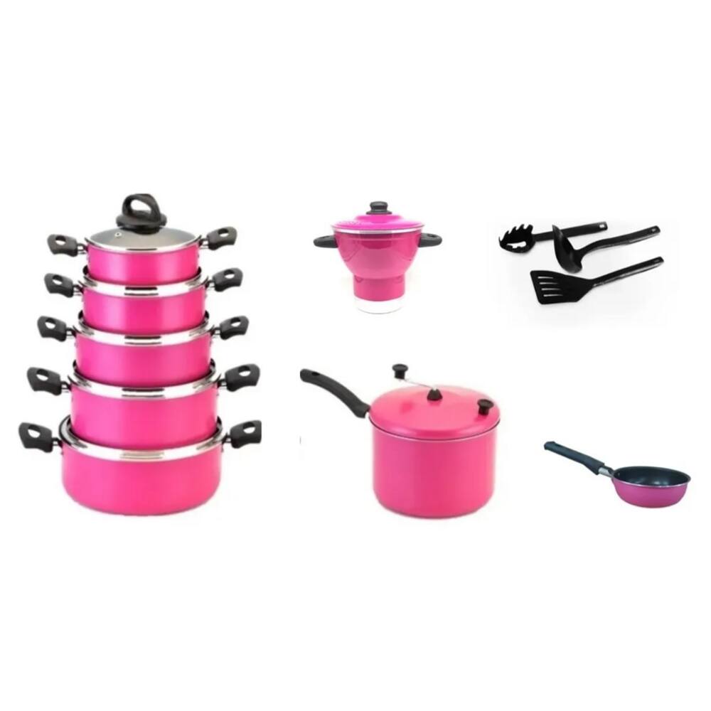 Conjunto Panelas Camélia 8 Peças Rosa C/ Tampa De Vidro