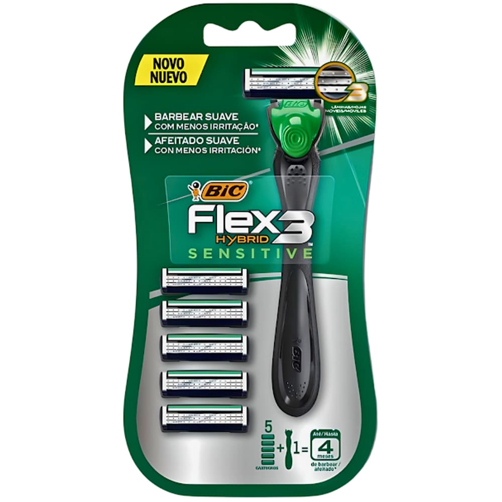Aparelho De Barbear Flex 3 Hybrid Sensitive + 5 Cargas Bic