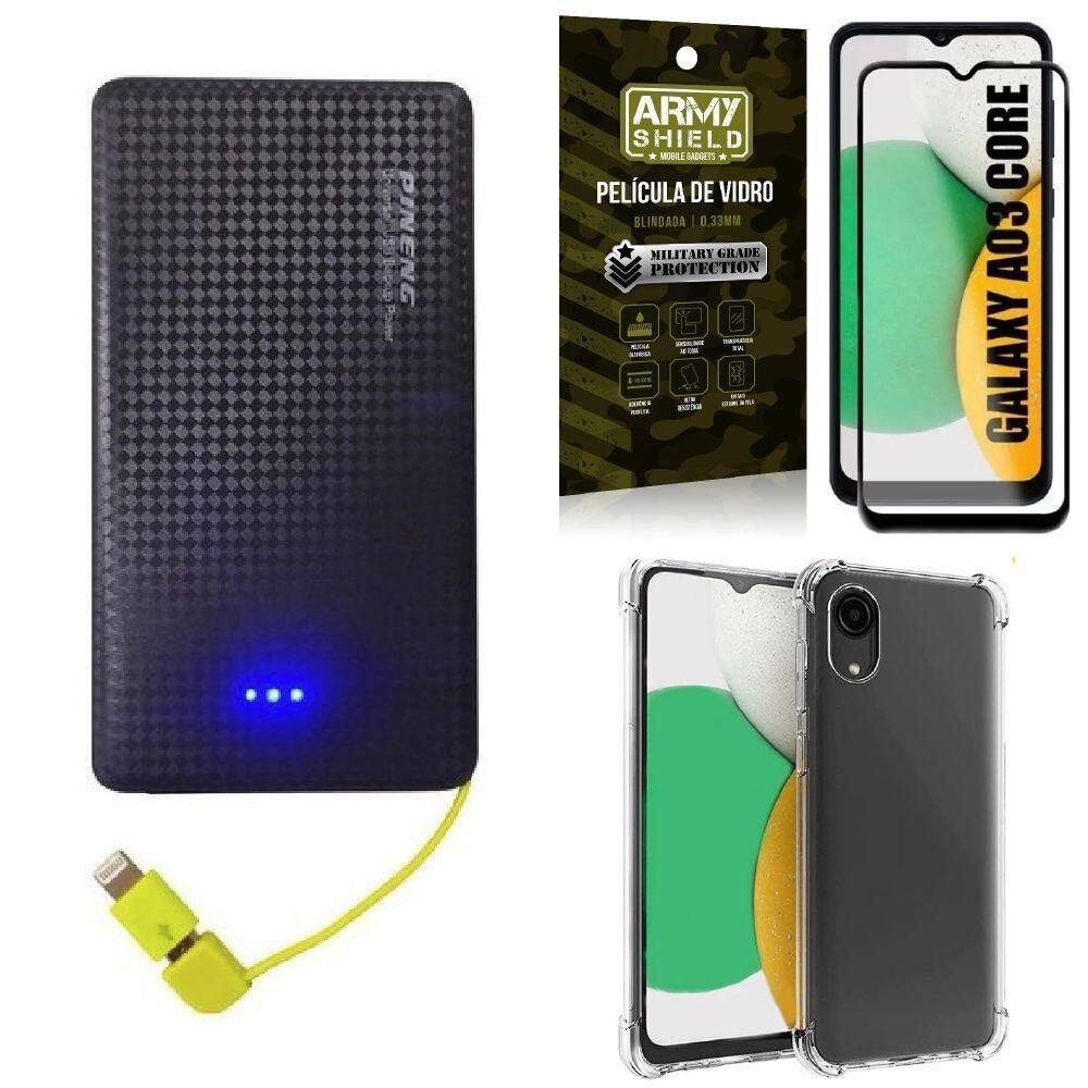 Kit capinha a03 core + carregador portátil 5k + película 3d