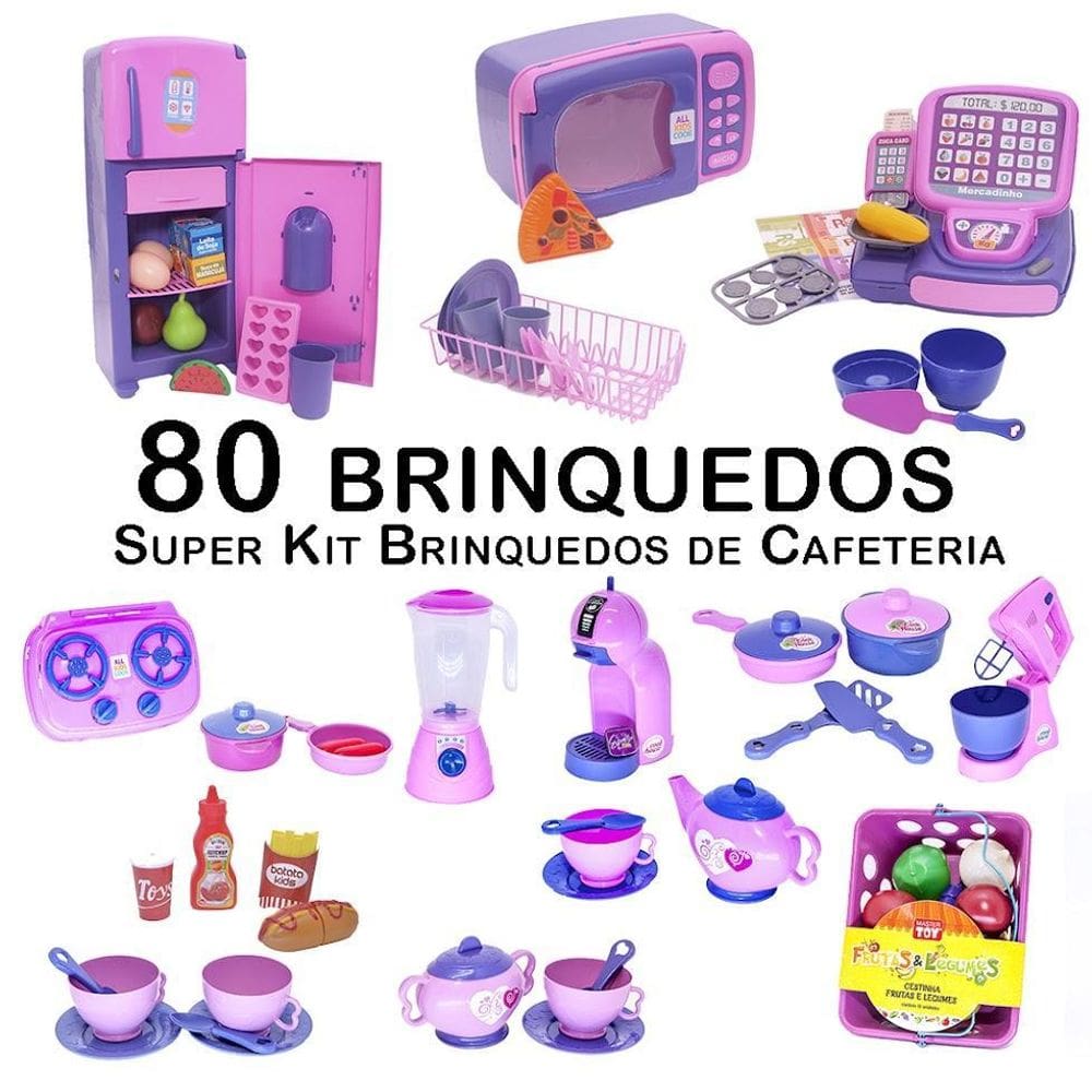 Kit café infantil registradora geladeira jogo de panela 80p