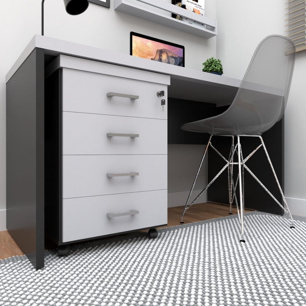 Gaveteiro Volante com 4 Gavetas para Escritório ou Home Office Preto/Cinza Cristal