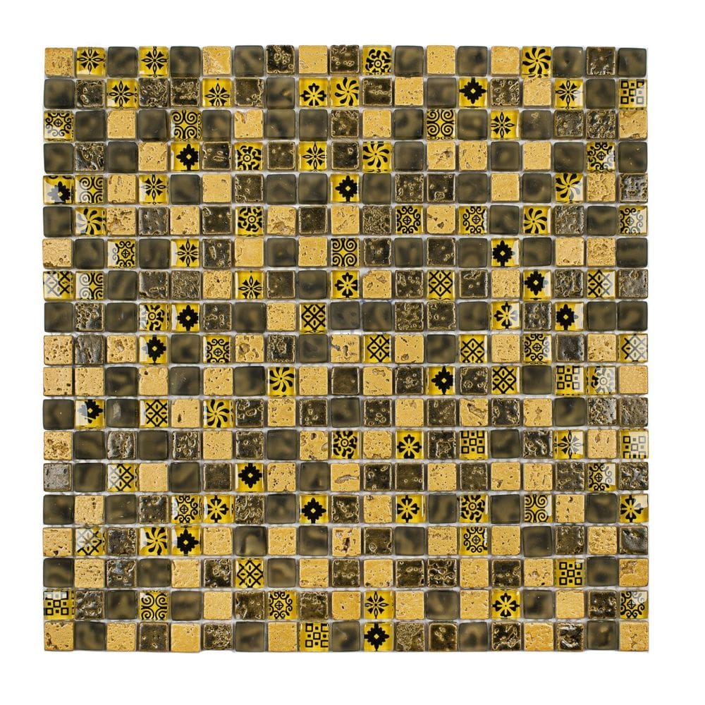 Pastilha Mesclada de Mármore e Vidro 31cm x 31cm Machu Picchu Glass Mosaic Placas Amarelo