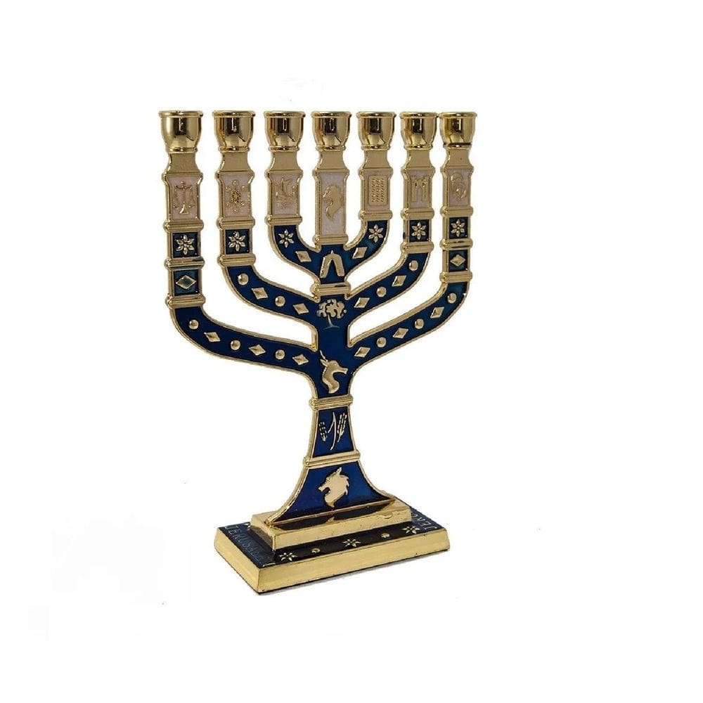 Candelabro Sete Pontas - Menora 28Cm - Azul De Israel