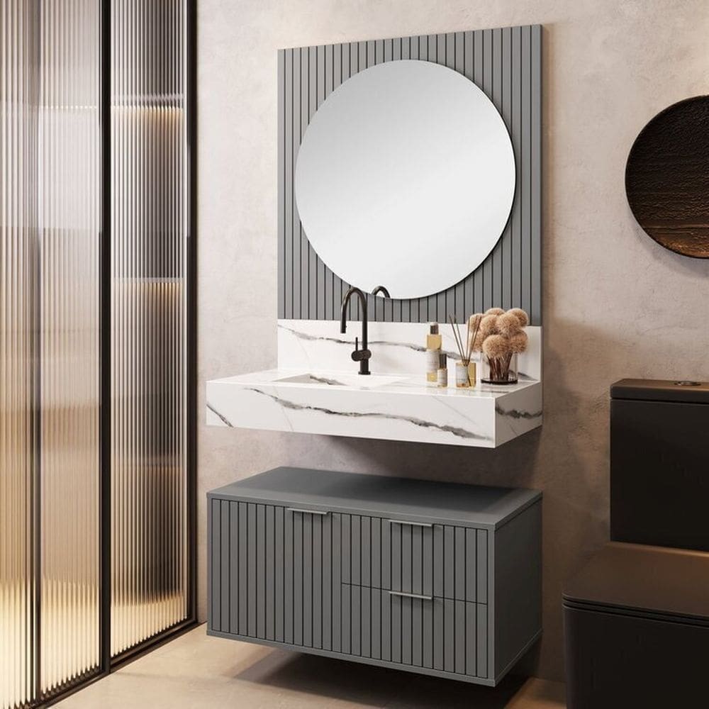 Conjunto Para Banheiro Bancada Em Porcelanato Com Cuba Esculpida, Armário e Espelho Ripy 80cm Cinza