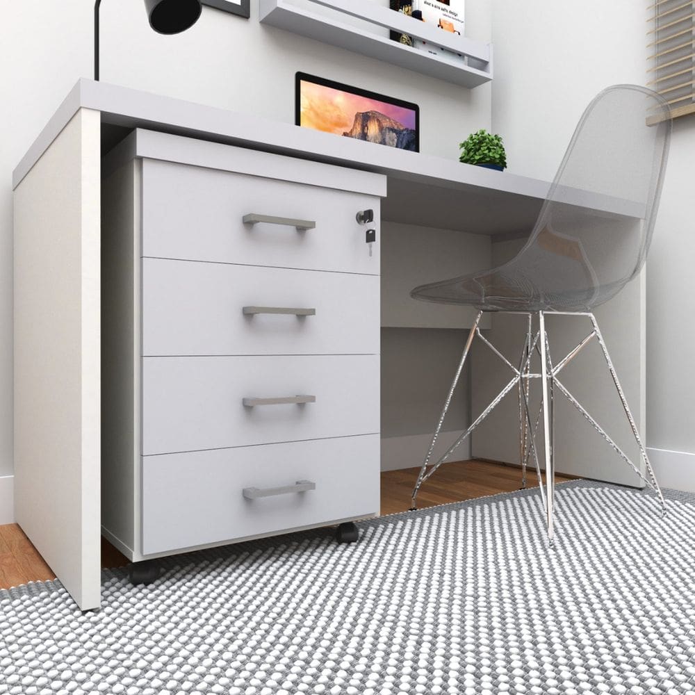 Gaveteiro Volante com 4 Gavetas para Escritório ou Home Office Branco/Cinza Cristal