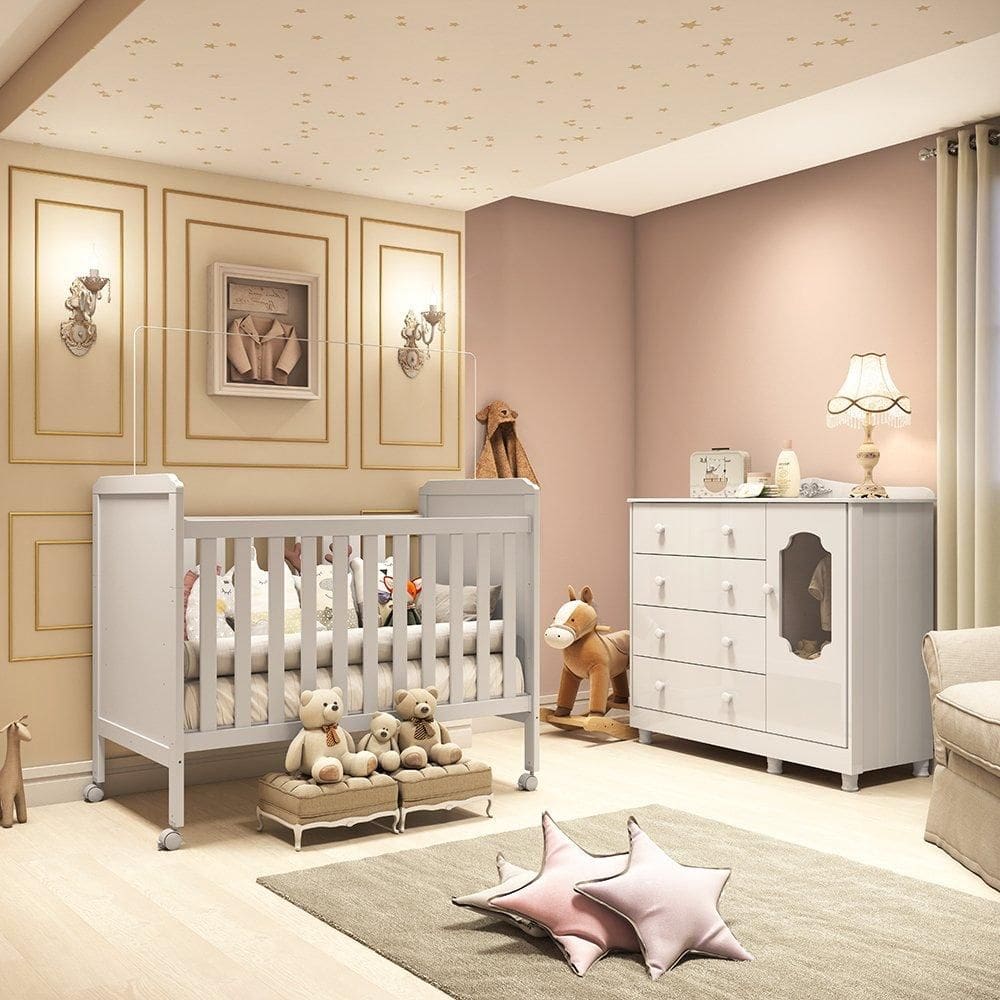 Quarto de Bebê Cômoda 1 Porta com Janela e 4 Gavetas e Berço Mateo Provençal 100% MDF Espresso Móveis Branco Brilho