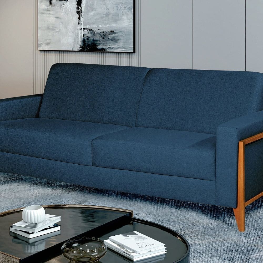Sofá Living 196cm Veludo com Molas e Pés em Madeira Tokio Azul Marinho