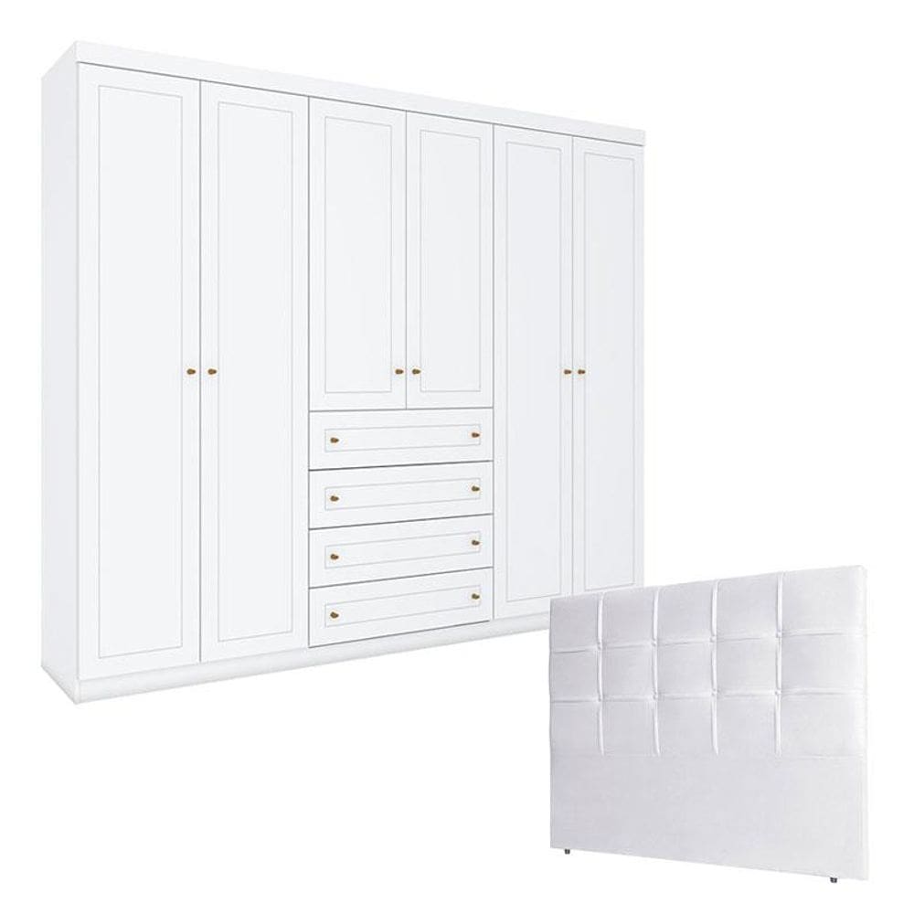 Guarda Roupa Casal Americano com Cabeceira Luiza 140 cm Branco – Henn