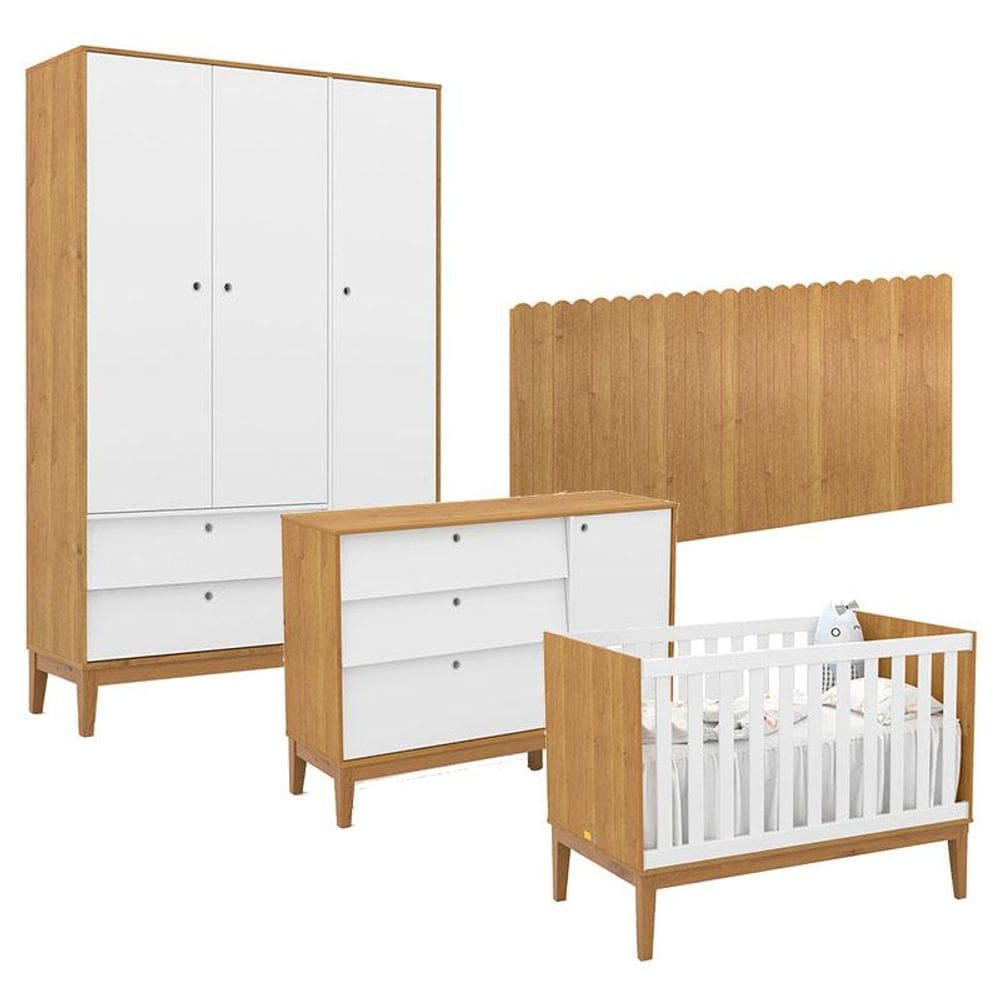 Quarto de Bebê Unique 3 Portas com Cômoda Sapateira e Painel Farm Freijó Branco Soft Eco Wood - Matic