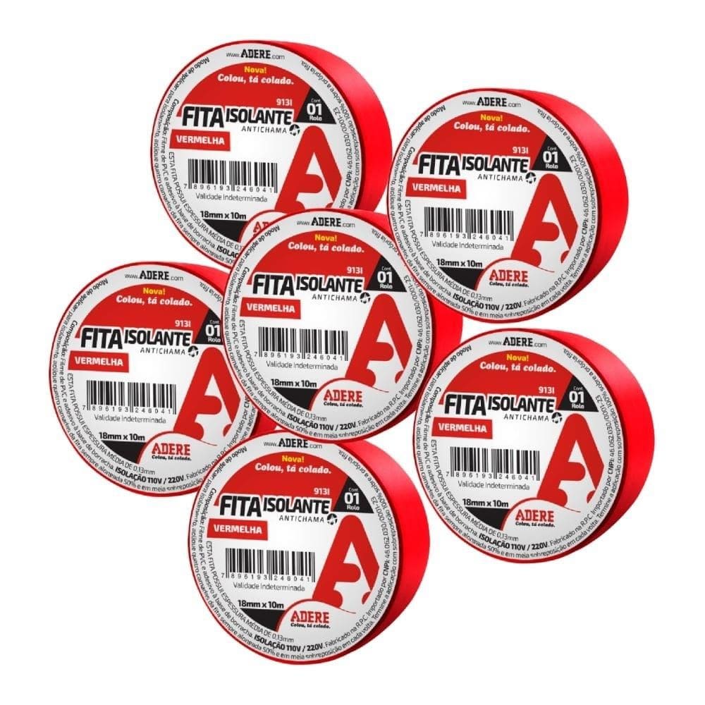 Fita Isolante Adere 18mmX10m Vermelho - Embalagem com 6 Unidades