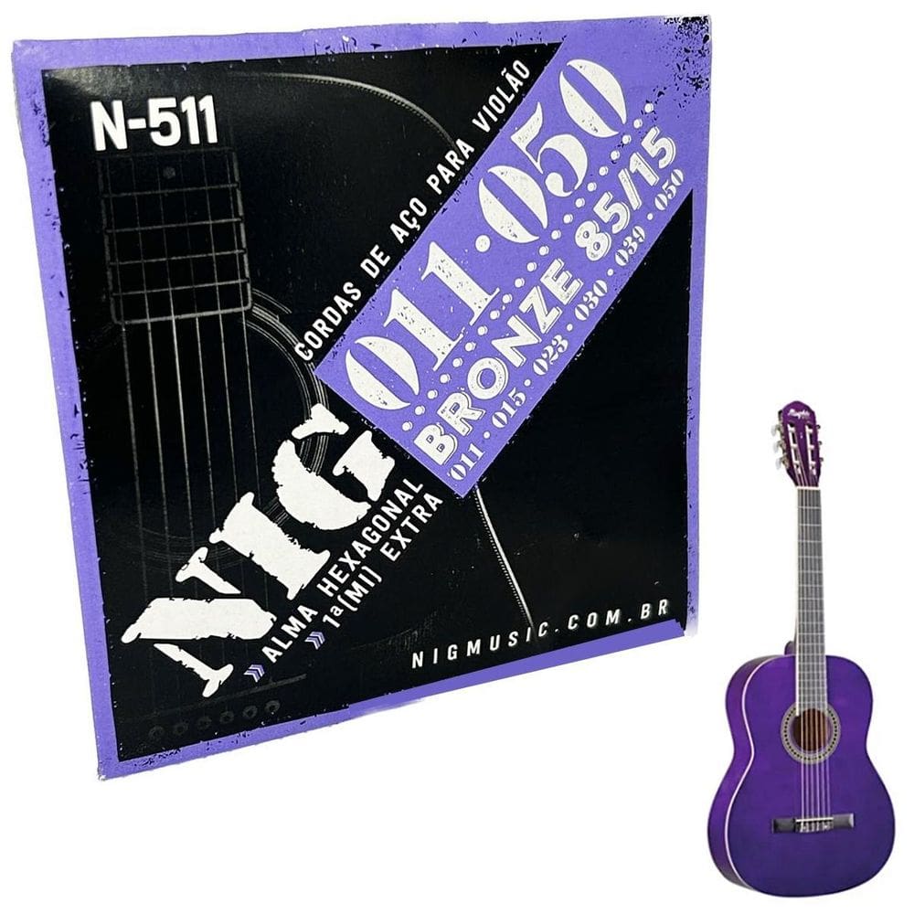 Jogo de cordas 011 em aço para violão tensão light nig n511 + corda extra e mi + palheta