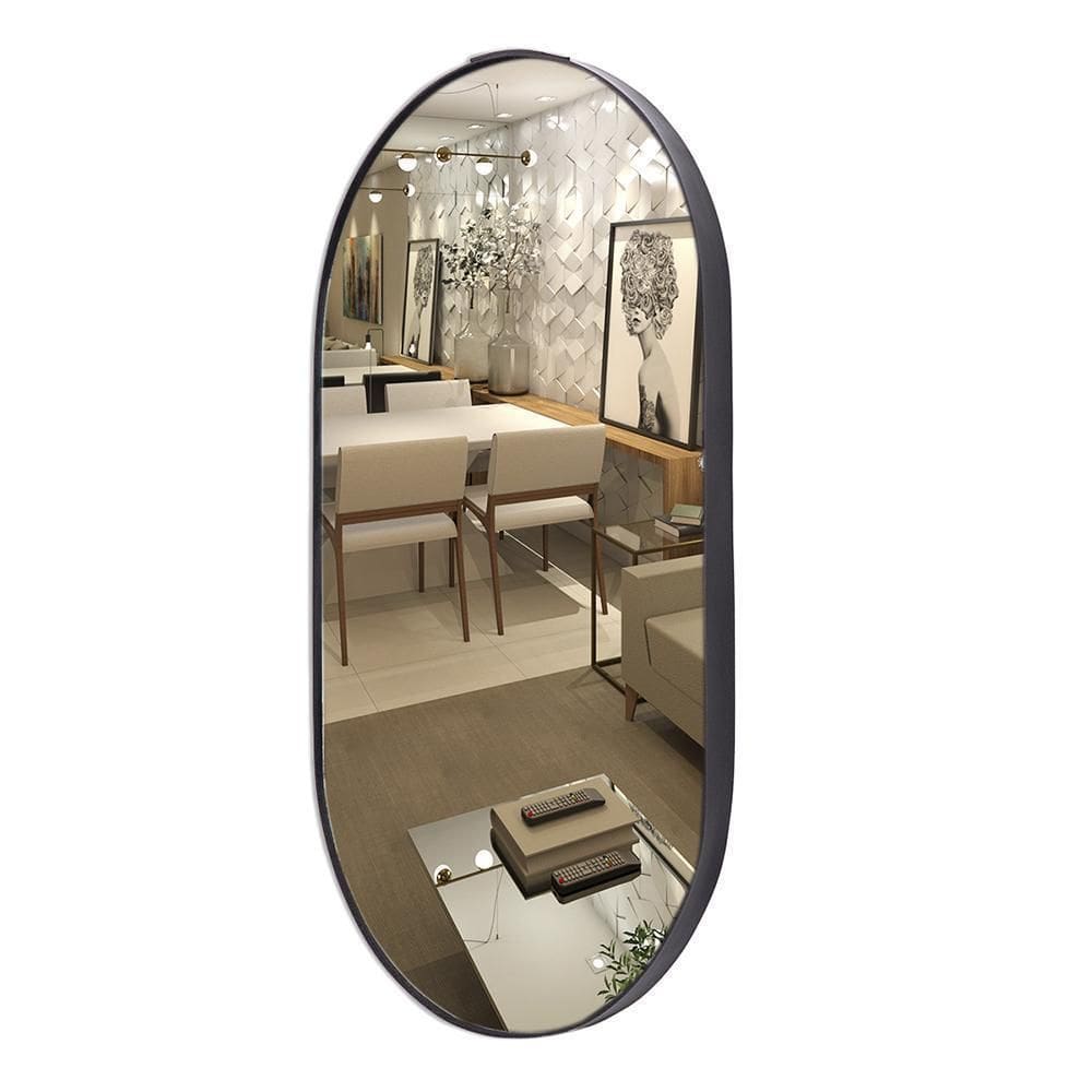 Espelho oval corpo inteiro com moldura couro preto