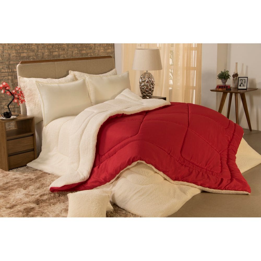 Coberdron Queen Size Aspen Dupla Face Sherpa Que Imita Pele De Carneiro Vermelho