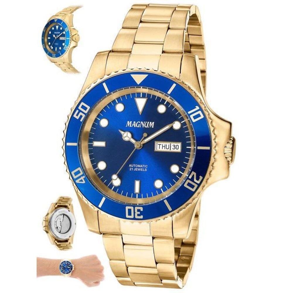 Relógio magnum automático masculino dourado prova dagua azul