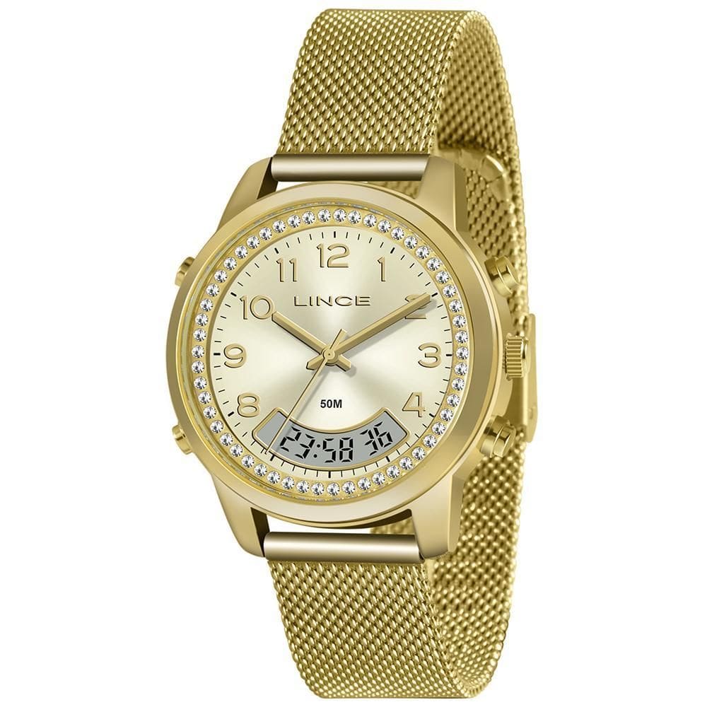 Relógio feminino dourado digital e analógico lince