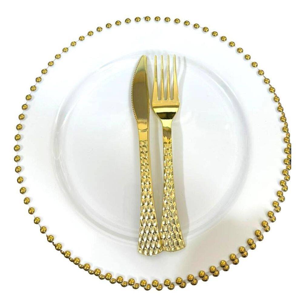 Kit Mesa Posta 6Un Prato 26Cm Acrílico Dourado +Garfo E Faca