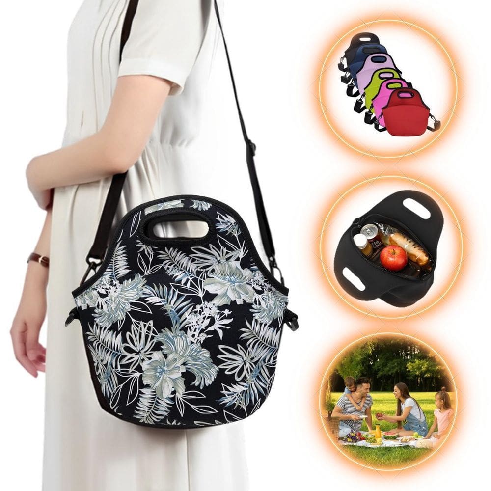 Bolsa Lancheira Térmica Neoprene Adulto Infantil Floral Dark