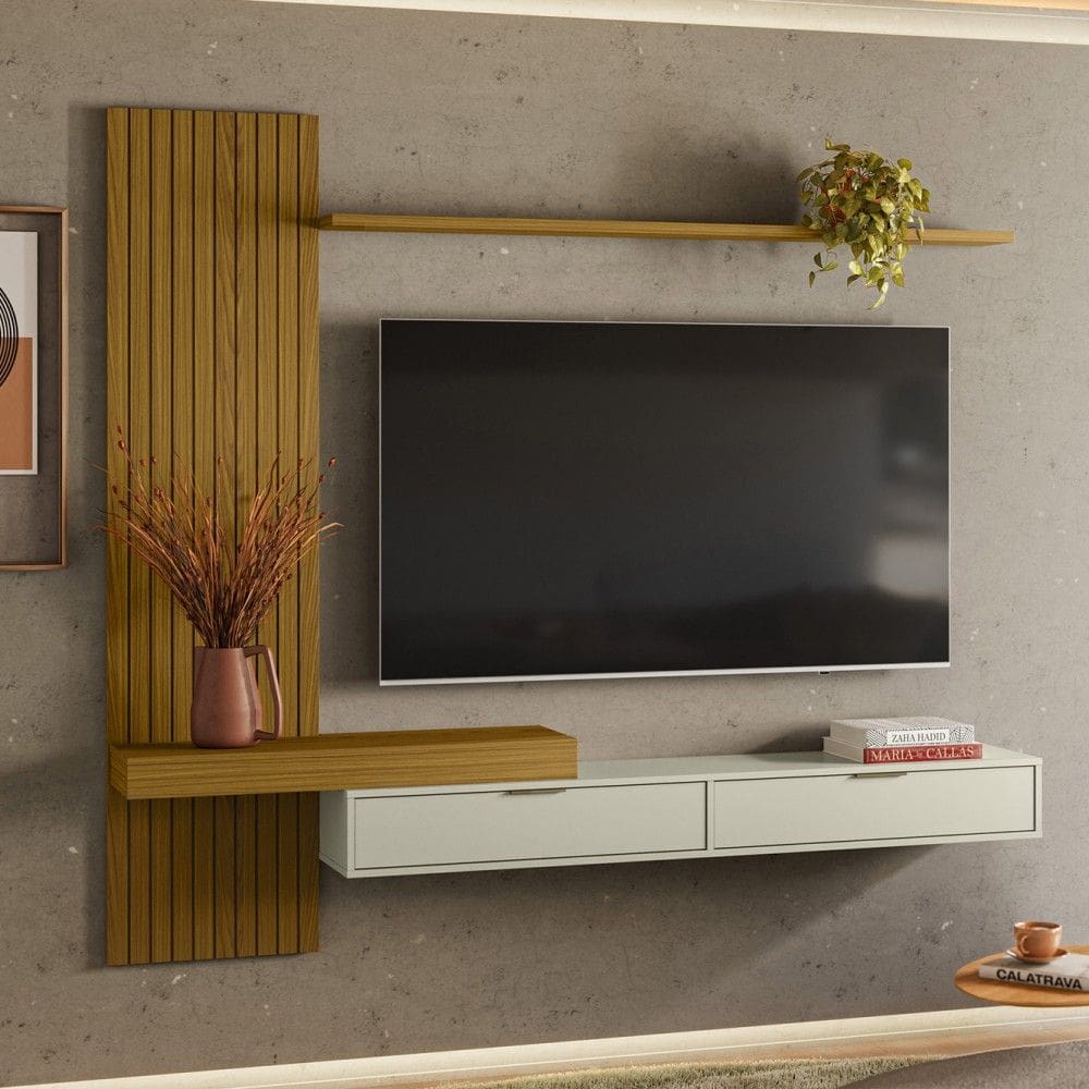 Painel Italy Ripado P/Tvs até 65 Polegadas 180cm Tv na Parede Nicho C/Portas Basculante Cedro/Off White - Olivar Móveis