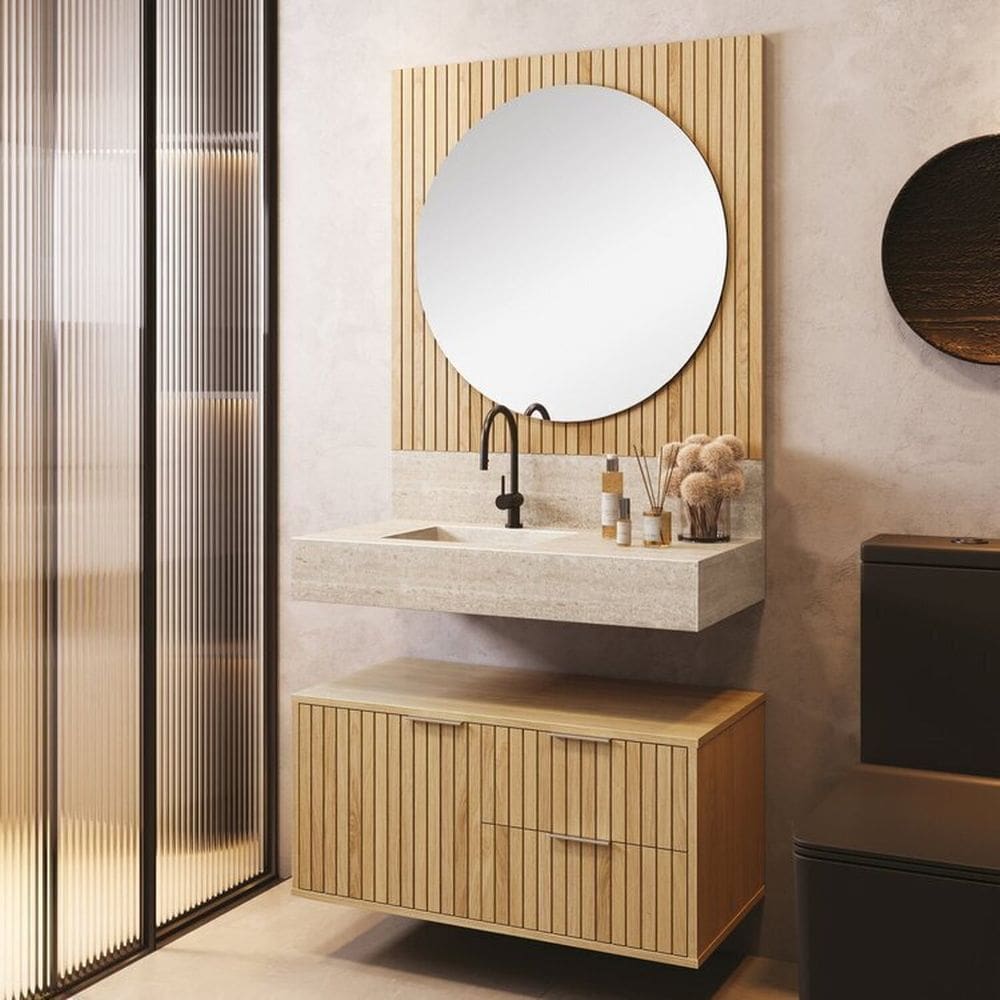 Conjunto Para Banheiro Bancada Em Porcelanato Com Cuba Esculpida, Armário e Espelho Ripy 80cm Wood