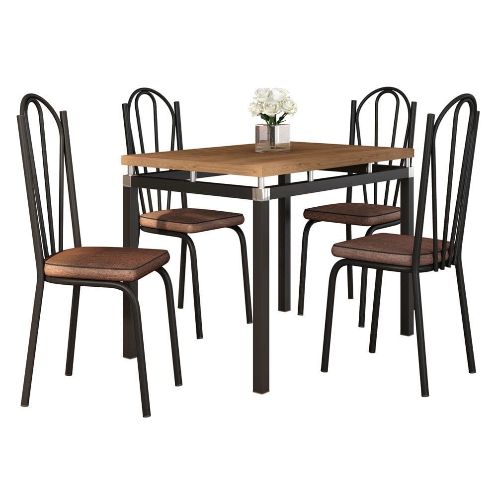 Kit Mesa de Jantar Marva 91cm com 04 Cadeiras Alabama Imbuia Ferro Preto - Pallazio