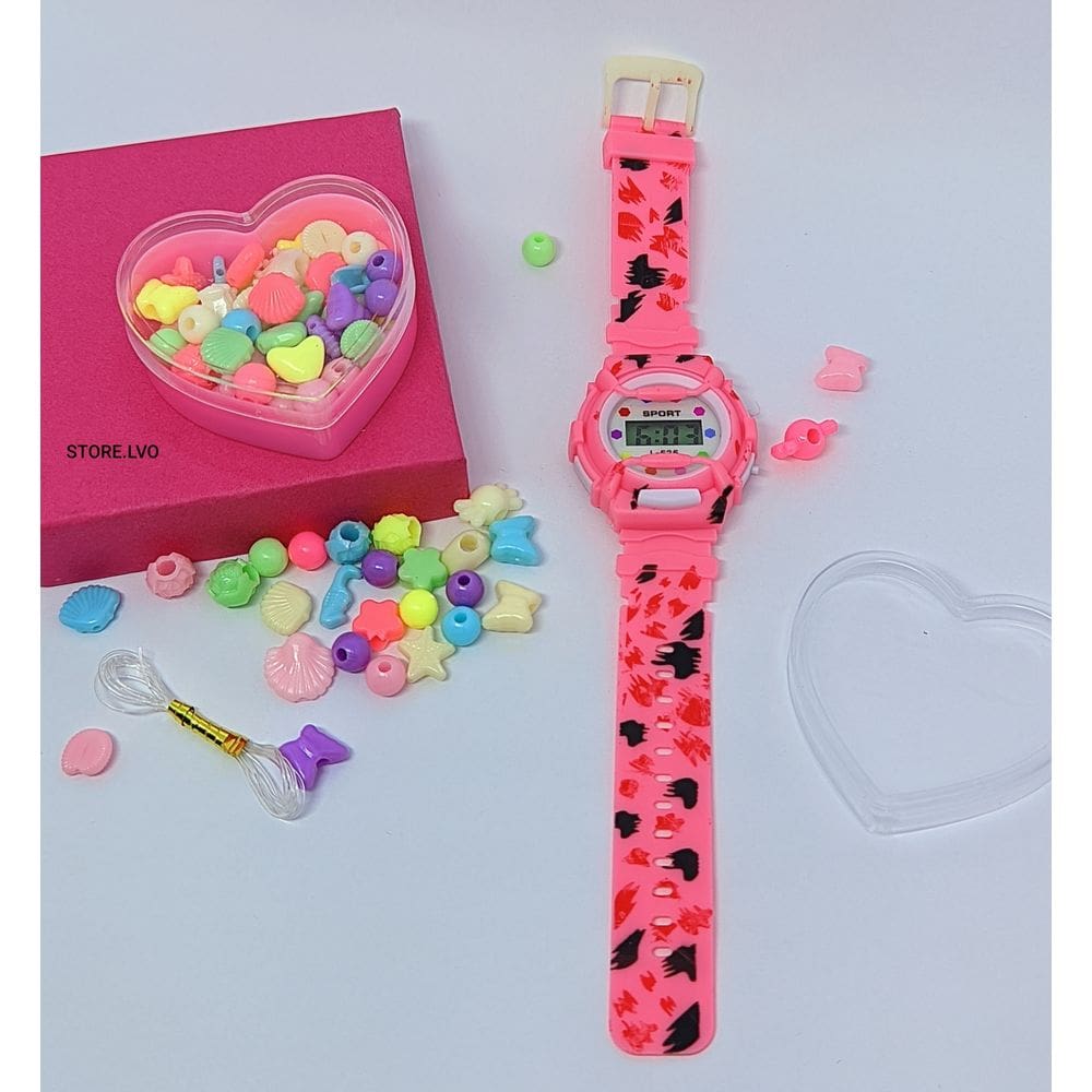 Relógio Infantil Digital Menina Esporte Silicone + Kit Miçangas Coloridas para Montar Colar Pulseiras Anél Fio Silicone