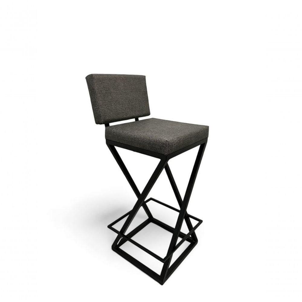 Banqueta Zênite Com Encosto - Preto - Assento Estofado Cinza - 65cm