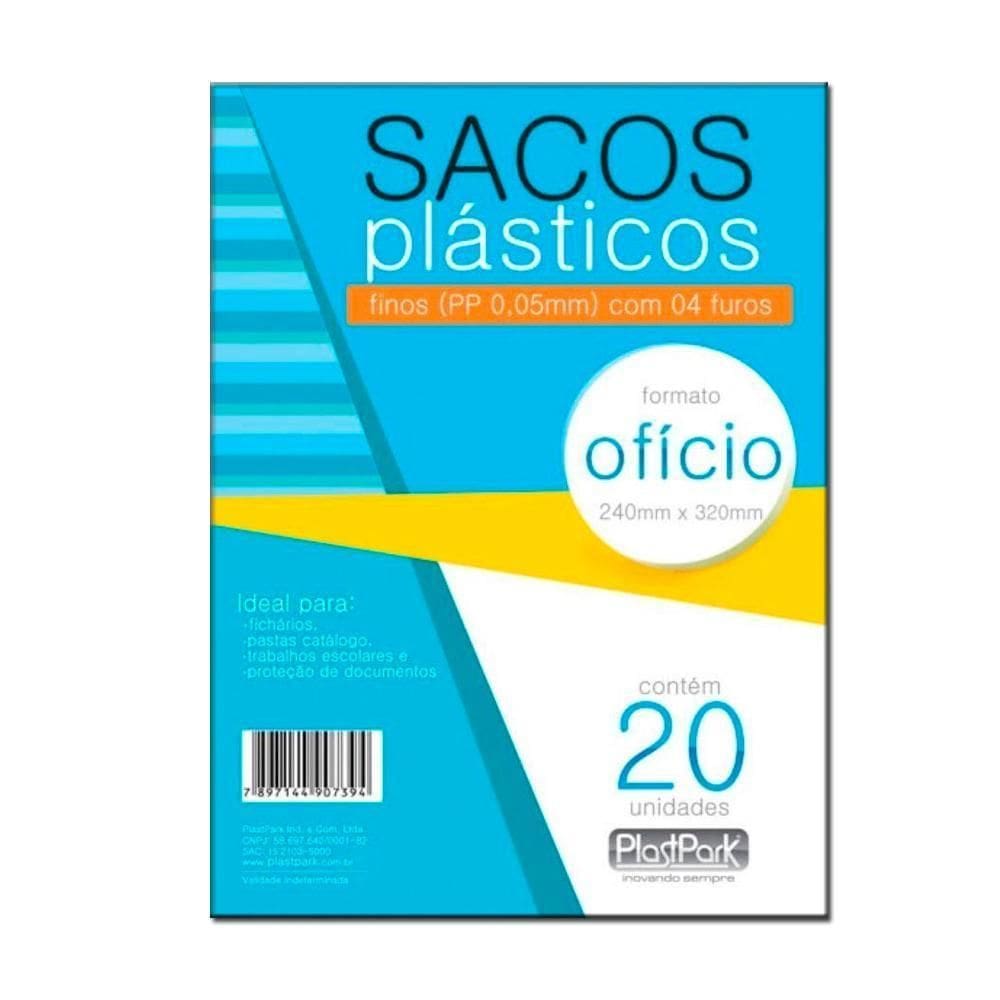Envelope Plastico 4 Furos Ofício 0,05Mm 20 Folhas Plastpark