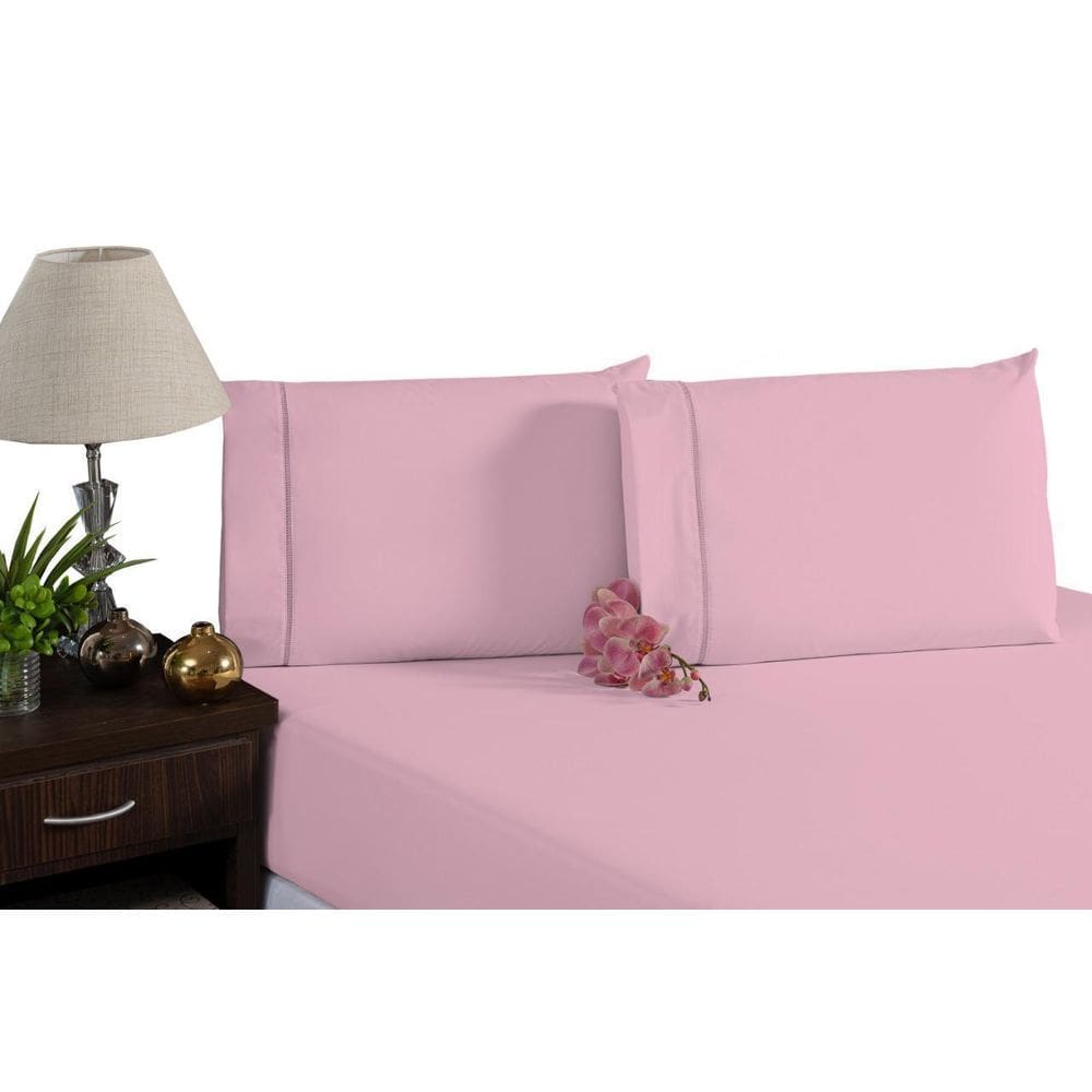 Lençol fronha algodão 180 fios 3 peças rosa ponto palito